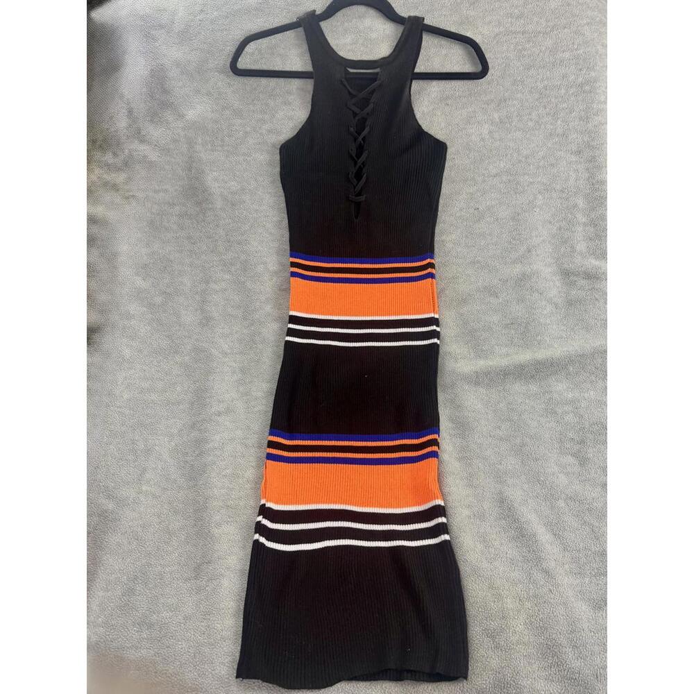 black orange‎ ribbed bodycon dress lace up front striped midi y2k club